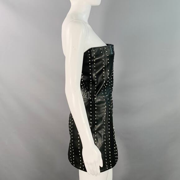 RETROFETE Size S Black Silver Leather Strapless Crystal Studded Mini Dress - Picture 2 of 8